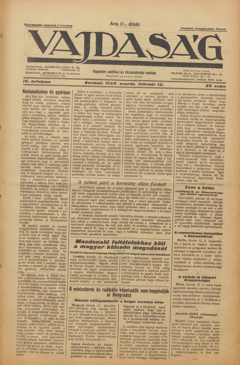 Vajdaság, 4. évf. 1924. február 13. 36. sz.