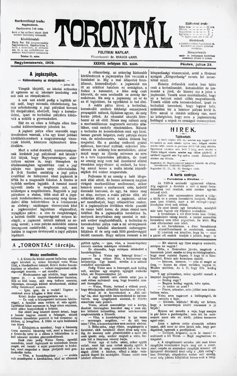 Torontál, 38. évf. 1909. július 23. 165. sz.