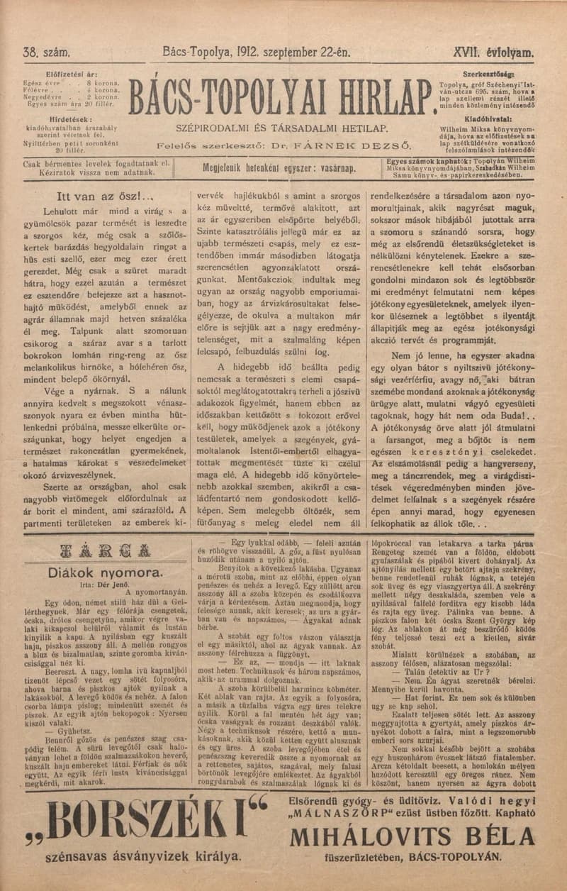 Bács-Topolyai Hirlap, 17. évf. 1912. szeptember 22. 38. sz.