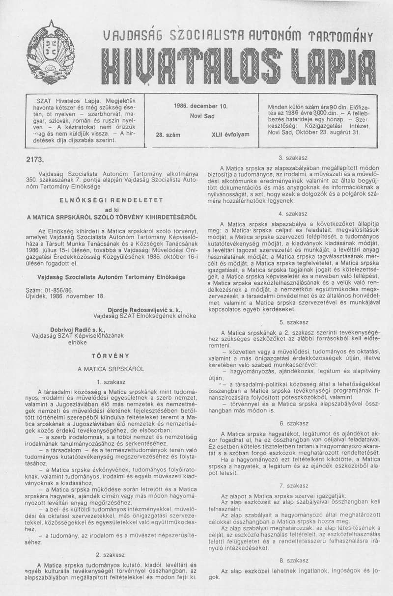 Vajdaság Szocialista Autonóm Tartomány Hivatalos Lapja, 42. évf. 1986. december 10. 28. sz.