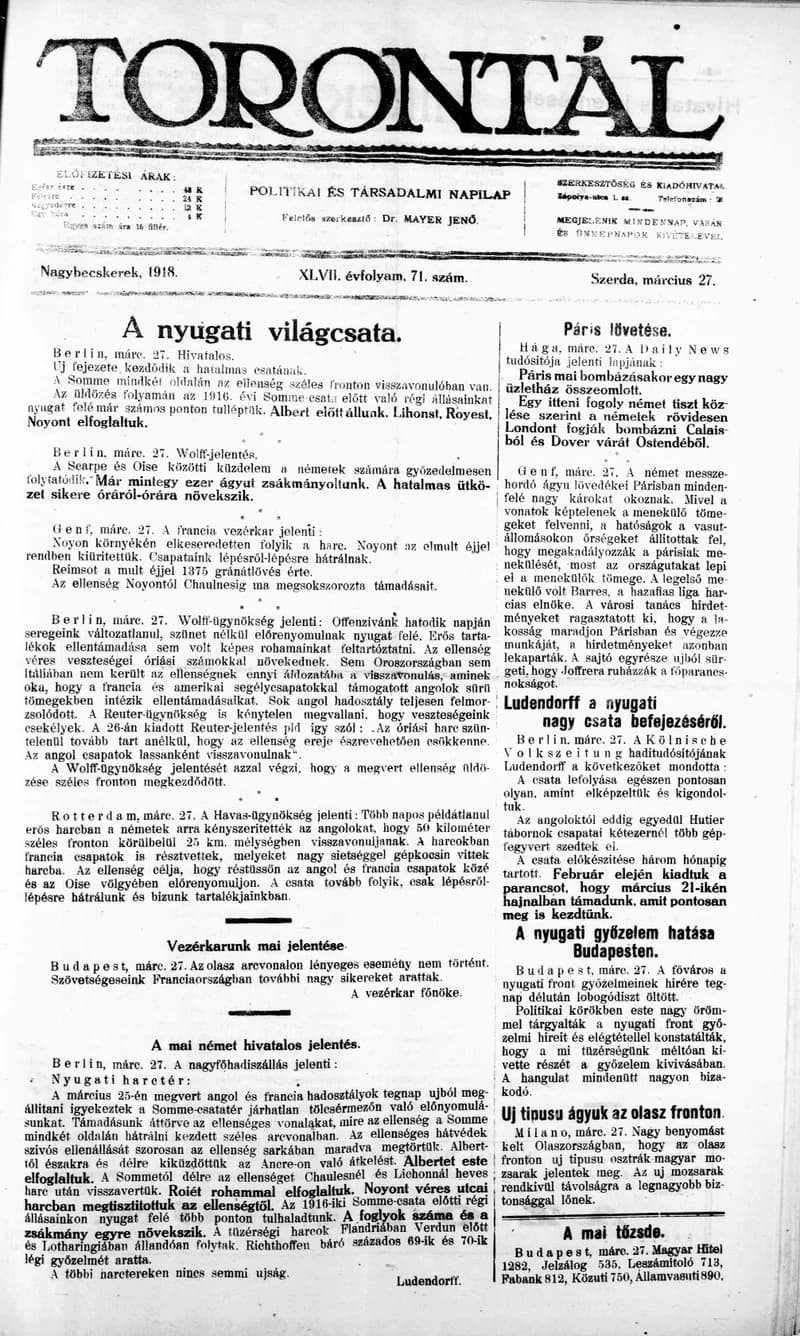 Torontál, 47. évf. 1918. március 27. 71. sz.