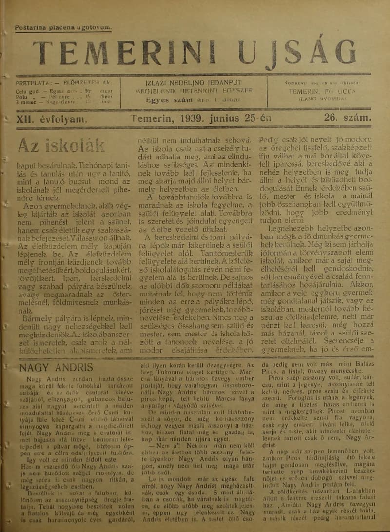 Temerini Újság 1928-1944, 12. évf. 1939. június 25. 26. sz.