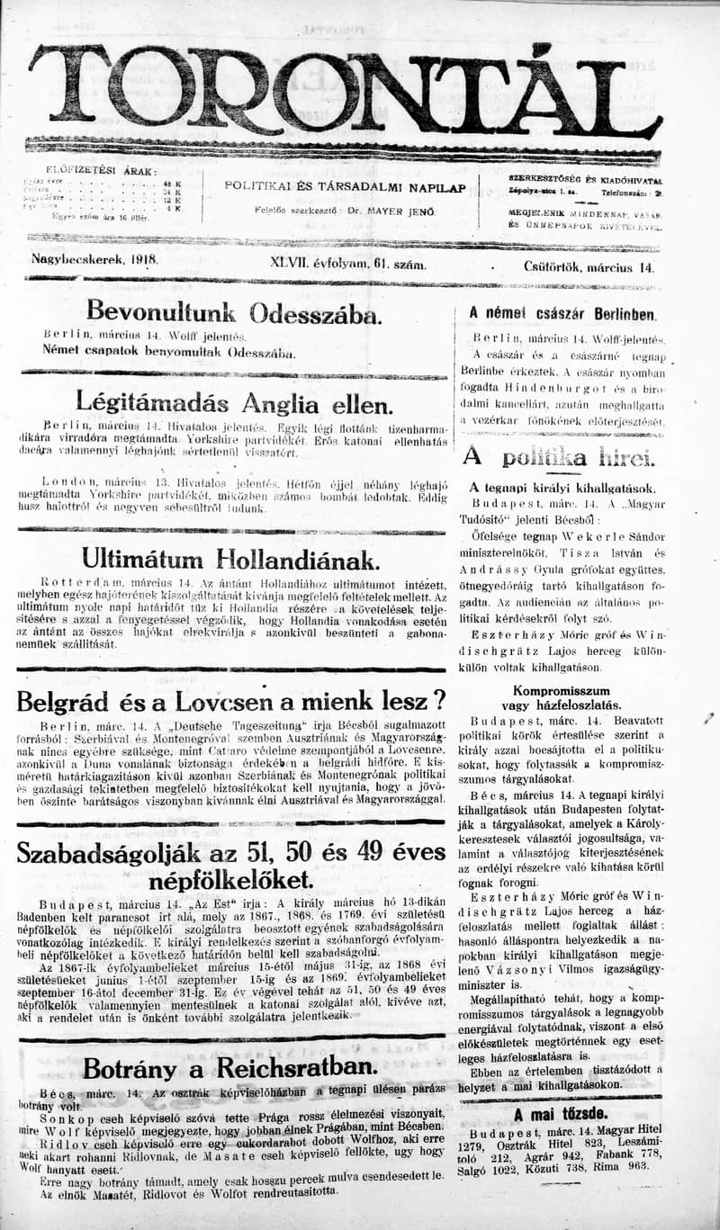 Torontál, 47. évf. 1918. március 14. 61. sz.