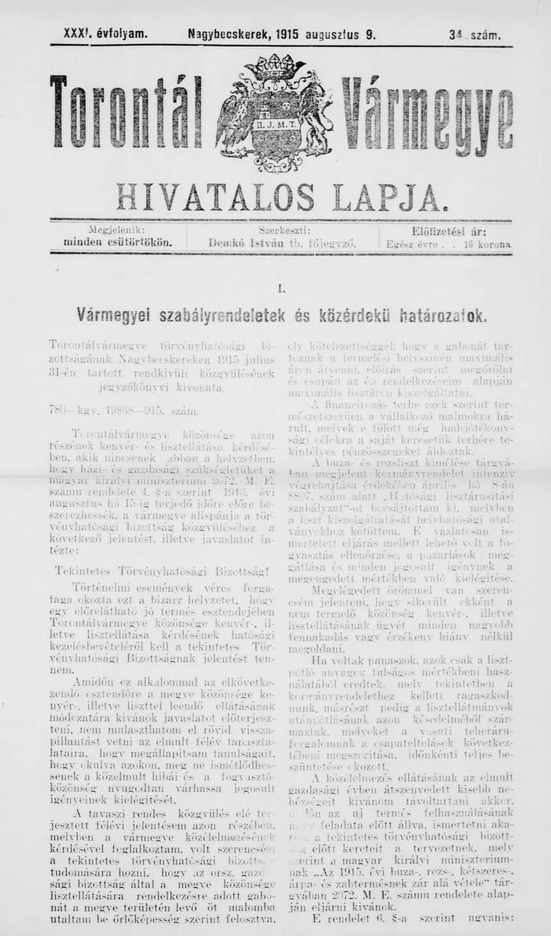 Torontál Vármegye Hivatalos Lapja, 31. évf. 1915. augusztus 9. 34. sz.