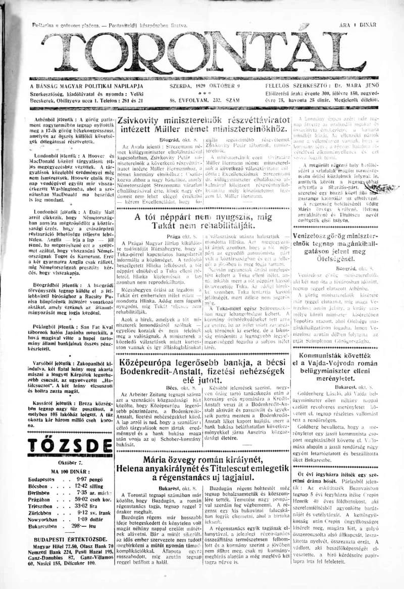 Torontál, 58. évf. 1929. október 9. 232. sz.