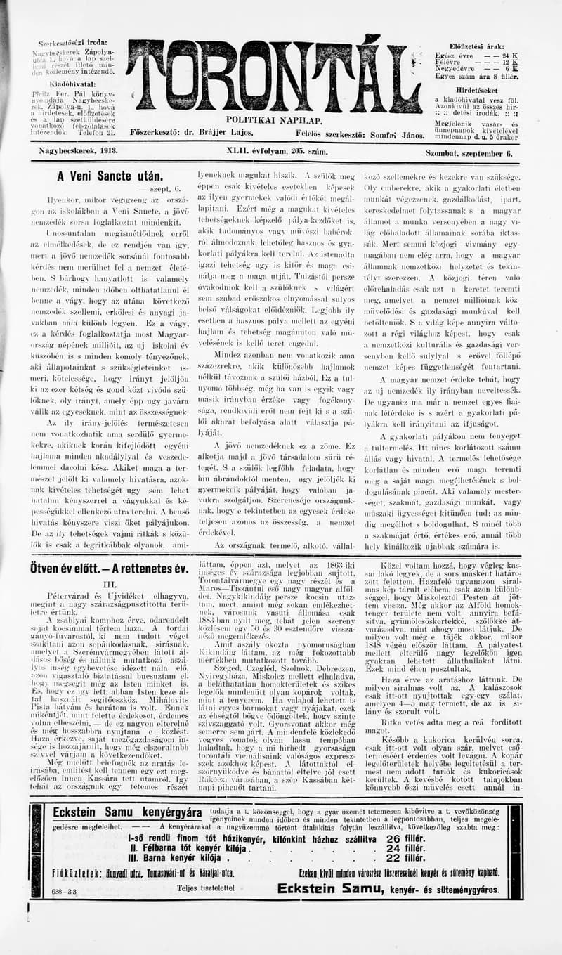 Torontál, 42. évf. 1913. szeptember 6. 205. sz.
