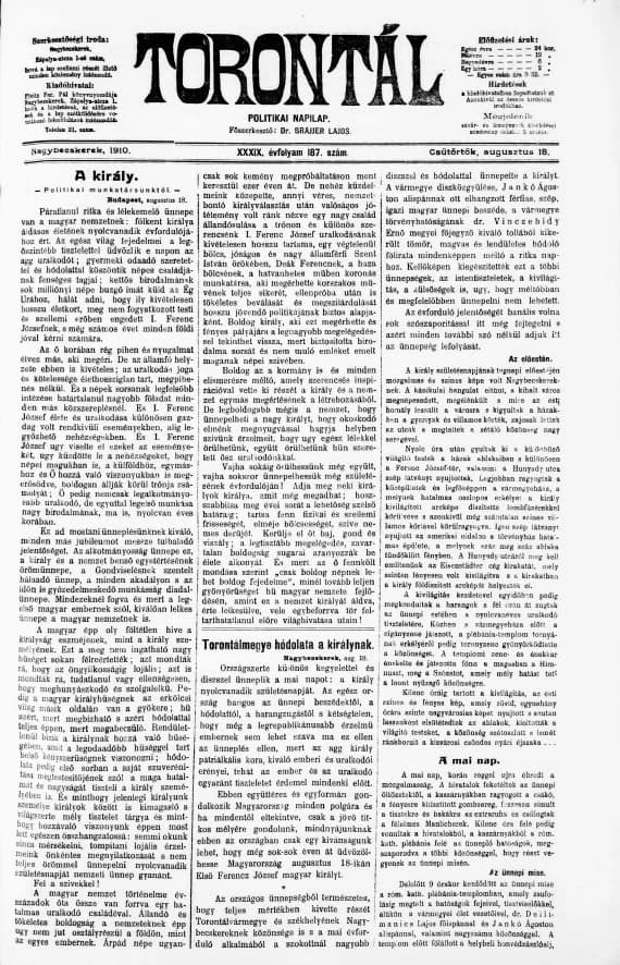 Torontál, 39. évf. 1910. augusztus 18. 187. sz.
