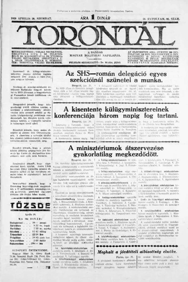 Torontál, 58. évf. 1929. április 20. 92. sz.