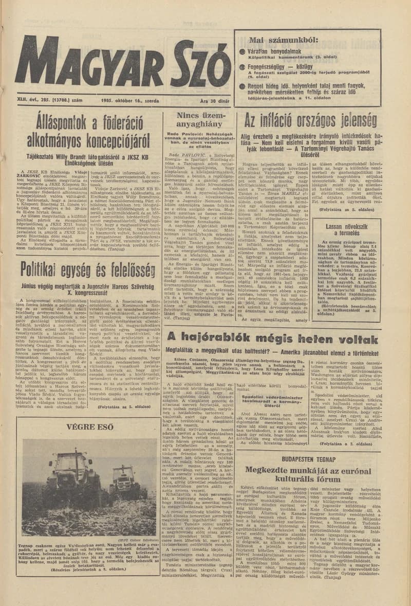 Magyar Szó, 42. évf. 1985. október 16. 285. sz. 1–16. oldal