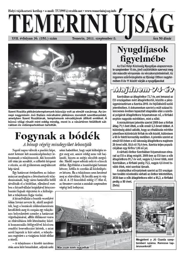 Temerini Újság, 17. évf. 2011. szeptember 8. 36. sz.