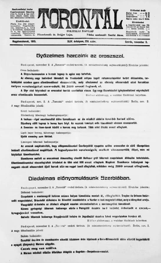 Torontál, 44. évf. 1915. november 3. 251. sz.