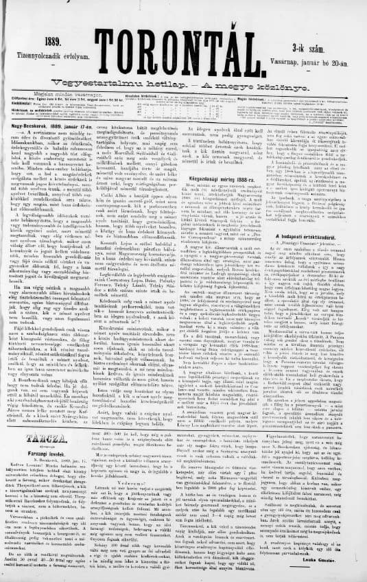 Torontál, 18. évf. 1889. január 20. 3. sz.