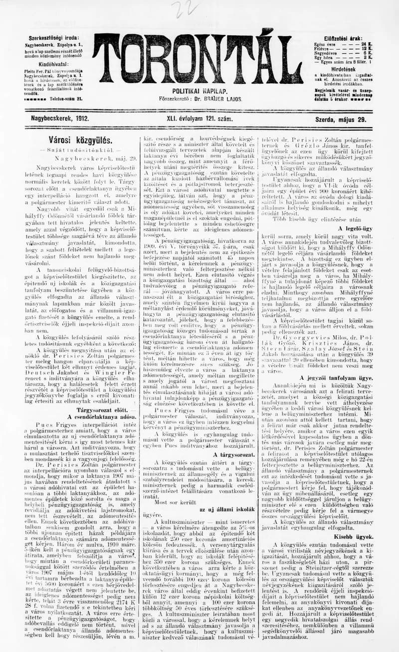 Torontál, 41. évf. 1912. május 29. 121. sz.