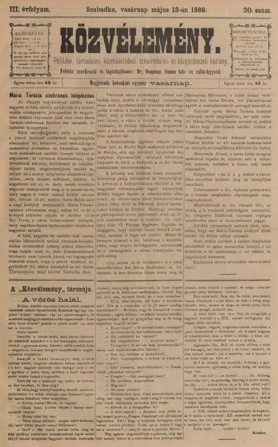 Közvélemény, 3. évf. 1888. május 13. 20. sz.