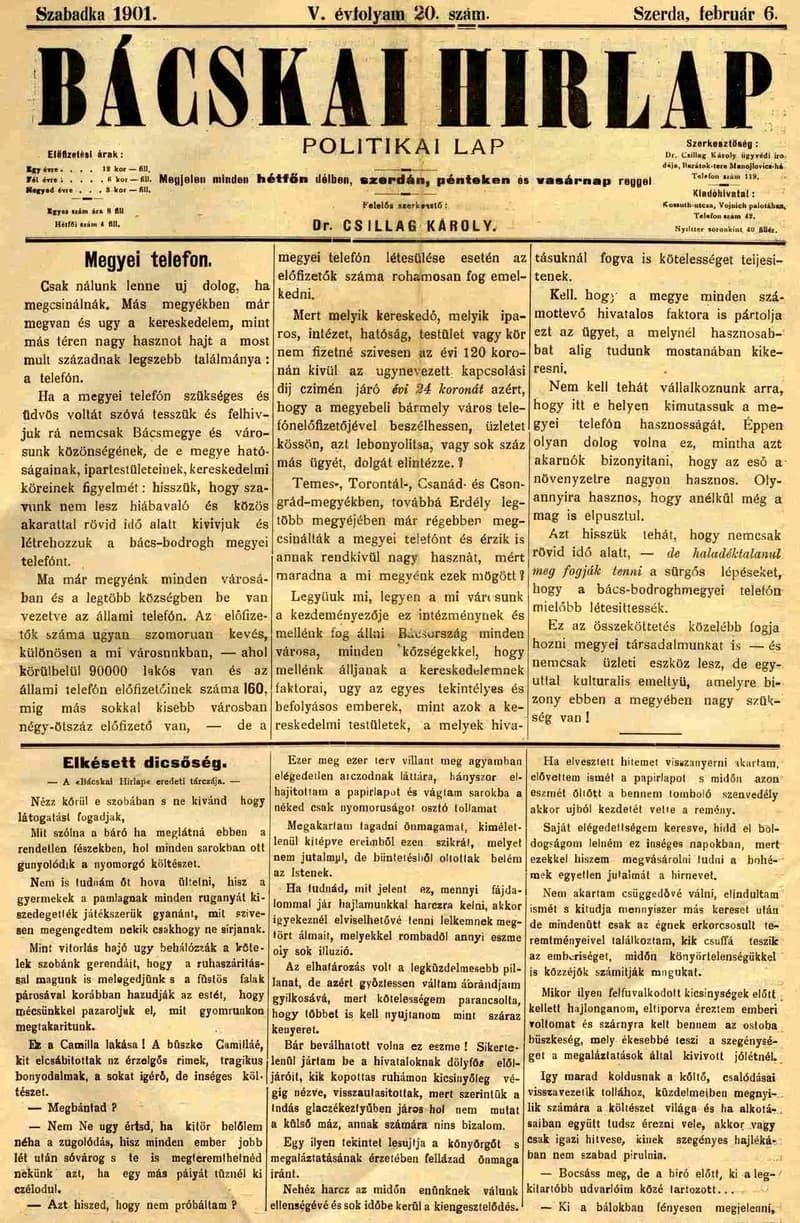 Bácskai Hirlap, 5. évf. 1901. február 6. 20. sz.