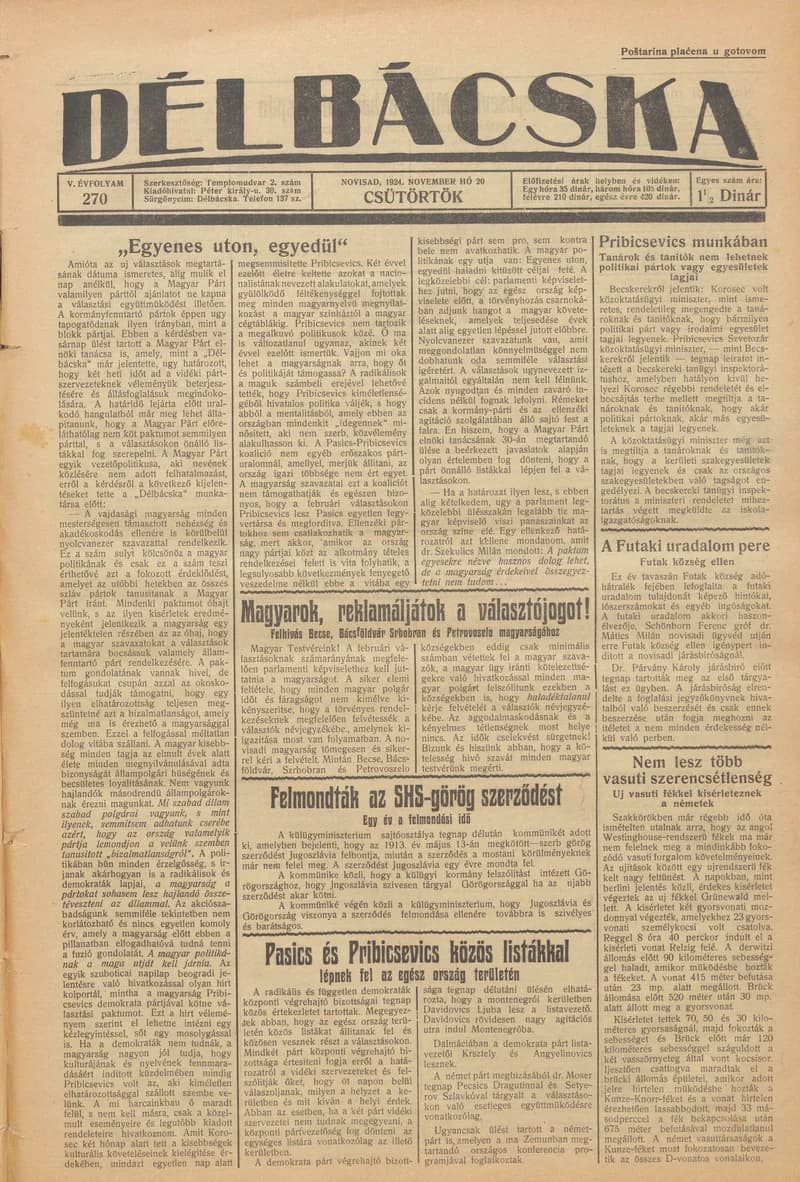 Délbácska, 5. évf. 1924. november 20. 270. sz.
