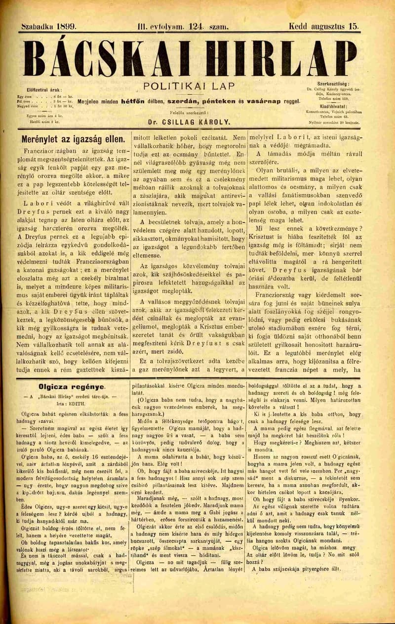 Bácskai Hirlap, 3. évf. 1899. augusztus 15. 124. sz.