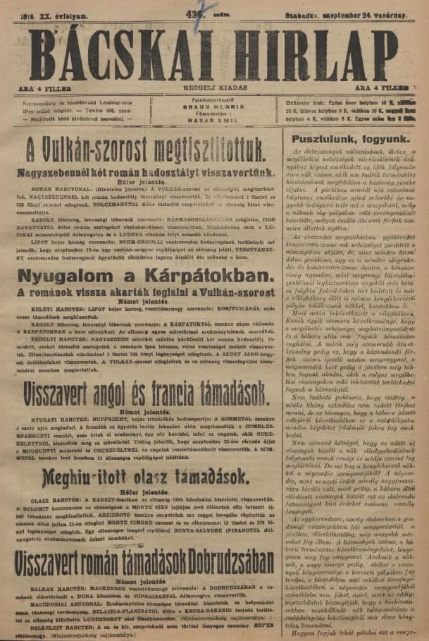 Bácskai Hirlap, 20. évf. 1916. szeptember 24. 437. sz.