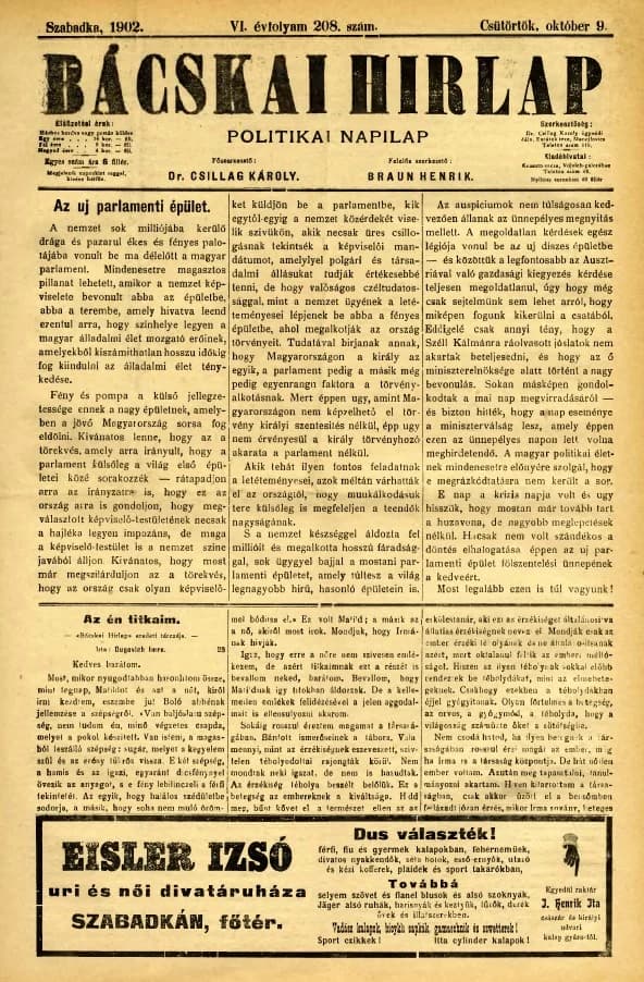 Bácskai Hirlap, 6. évf. 1902. október 9. 208. sz.