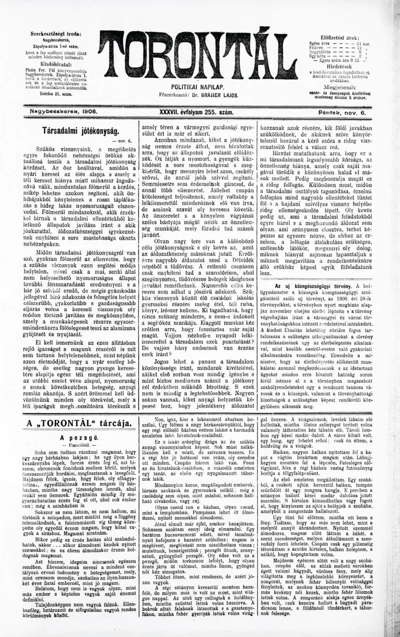 Torontál, 37. évf. 1908. november 6. 255. sz.