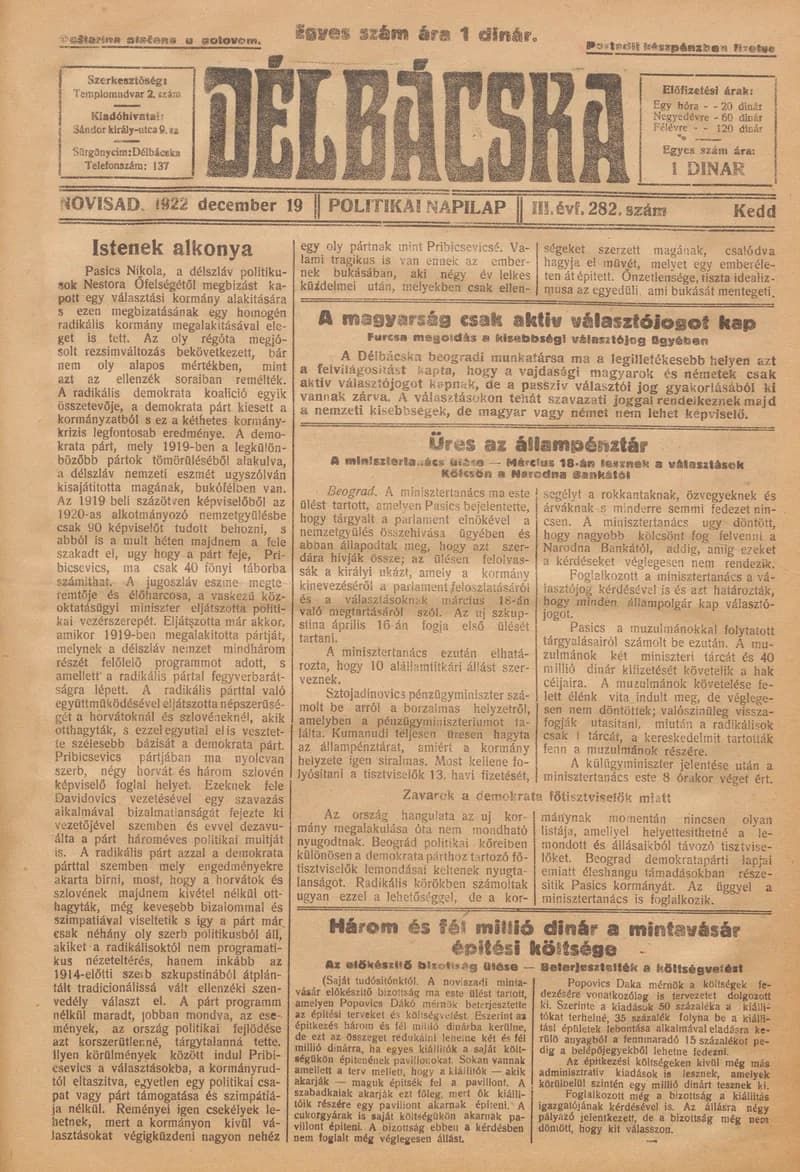 Délbácska, 3. évf. 1922. december 19. 282. sz.