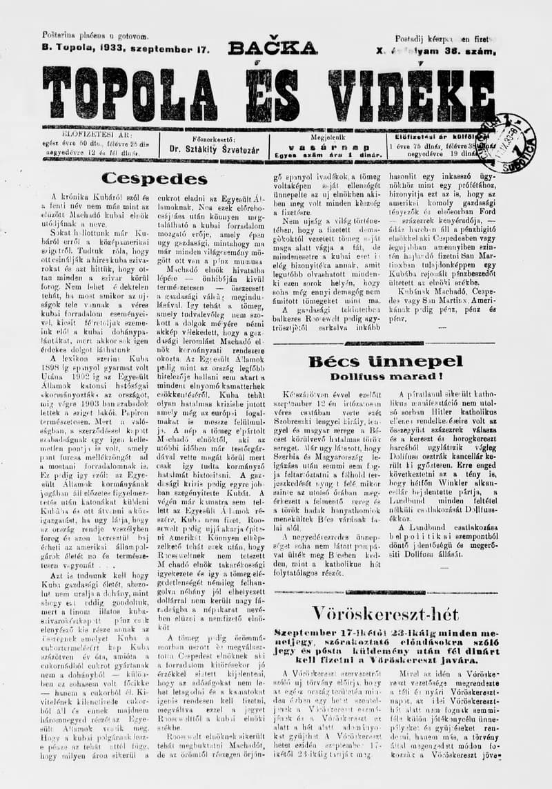 Bačka Topola és Vidéke, 10. évf. 1933. szeptember 17. 38. sz.