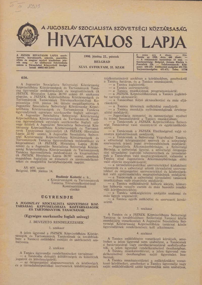 A Jugoszláv Szocialista Szövetségi Köztársaság Hivatalos Lapja, 46. évf. 1990. június 22. 35. sz. 1161–1196. oldal