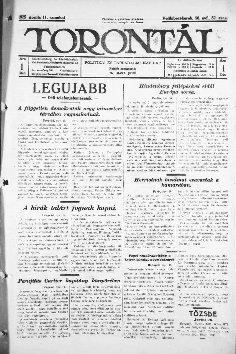 Torontál, 54. évf. 1925. április 11. 82. sz.
