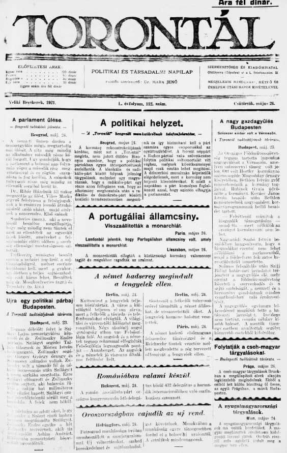 Torontál, 50. évf. 1921. május 26. 112. sz.