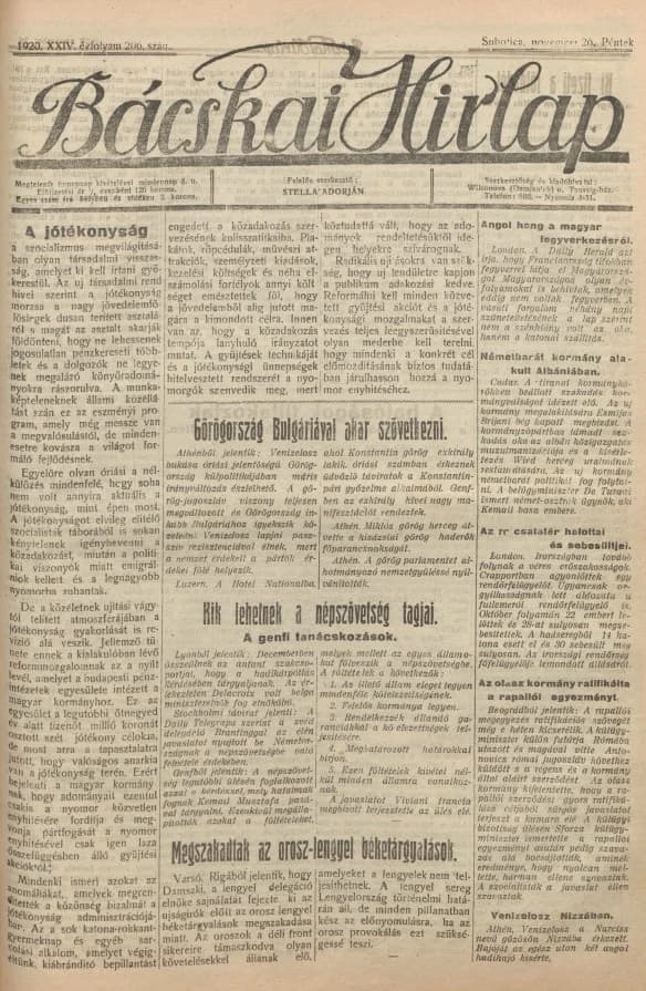 Bácskai Hirlap, 24. évf. 1920. november 26. 206. sz.