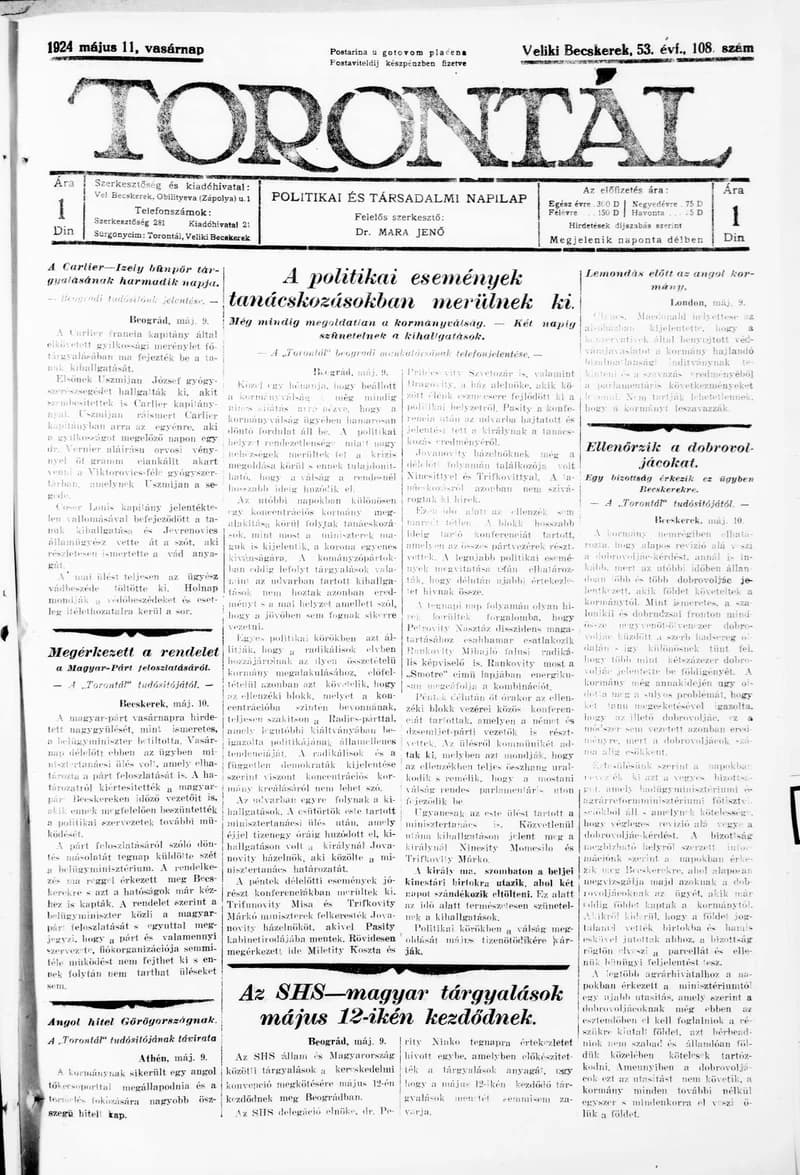 Torontál, 53. évf. 1924. május 11. 108. sz.
