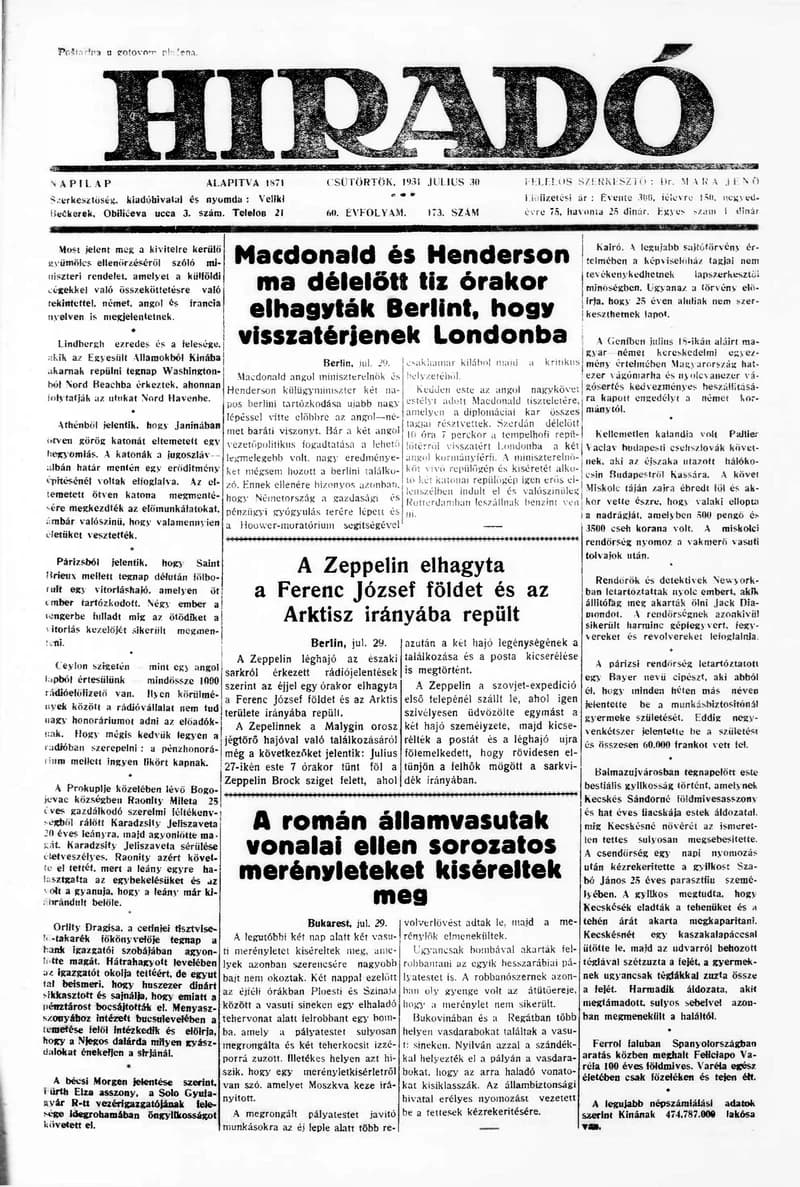 Híradó, 60. évf. 1931. július 30. 173. sz.