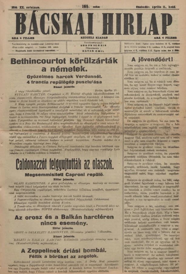 Bácskai Hirlap, 20. évf. 1916. április 11. 165. sz.
