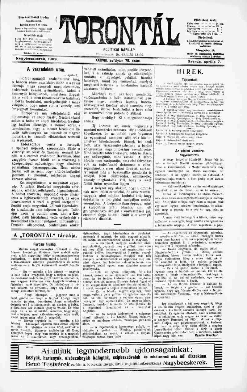 Torontál, 38. évf. 1909. április 7. 79. sz.