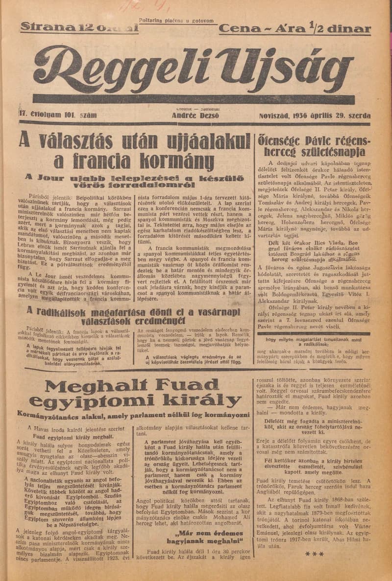 Reggeli Újság, 17. évf. 1936. április 29. 101. sz.