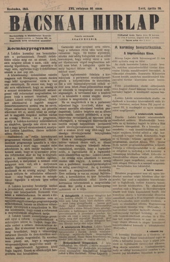 Bácskai Hirlap, 16. évf. 1912. április 30. 98. sz.