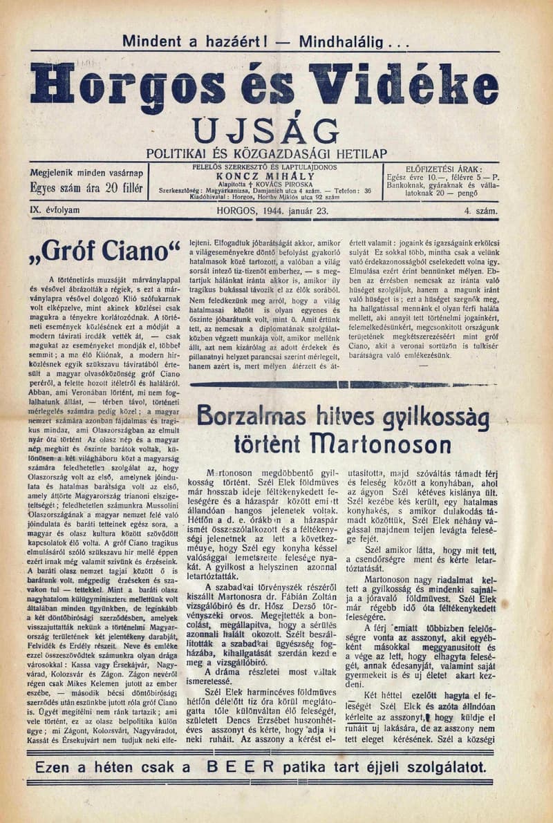 Horgos és vidéke, 9. évf. 1944. január 23. 4. sz.