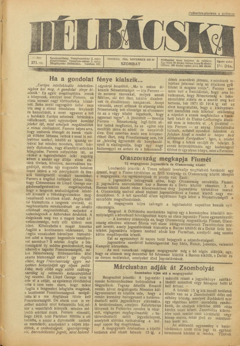 Délbácska, 4. évf. 1923. november 24. 271. sz.