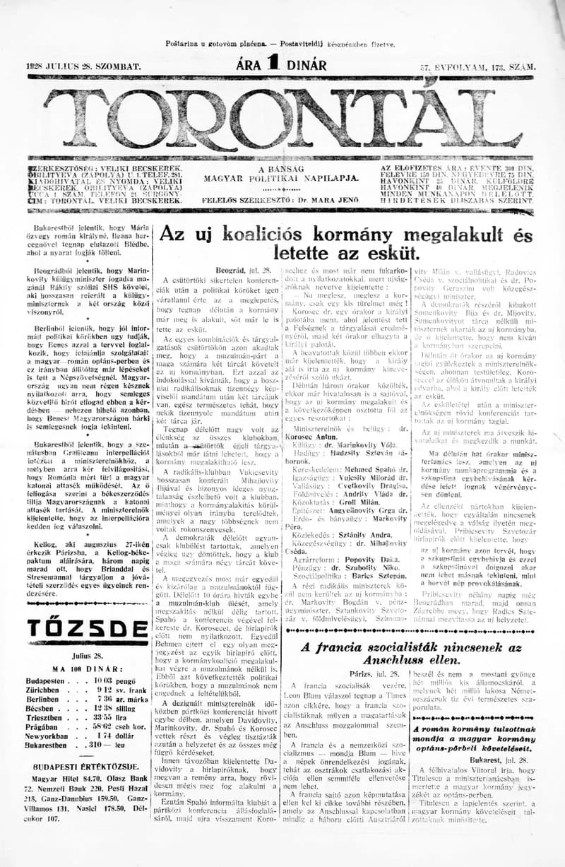 Torontál, 57. évf. 1928. július 28. 173. sz.