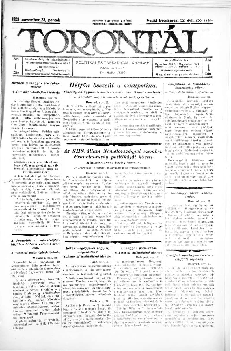 Torontál, 52. évf. 1923. november 23. 266. sz.