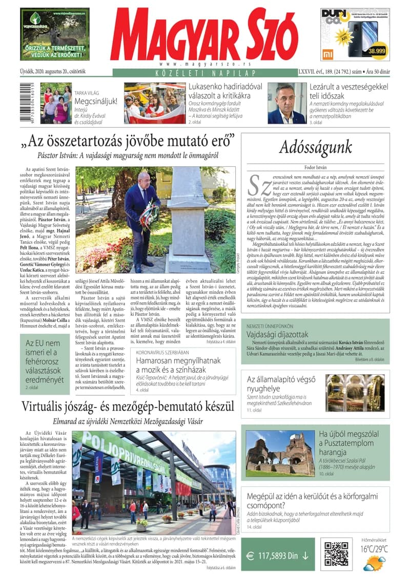Magyar Szó, 77. évf. 2020. augusztus 20. 189. sz. 1–20. oldal