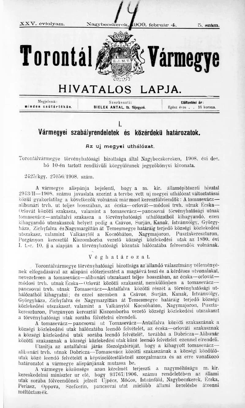 Torontál Vármegye Hivatalos Lapja, 25. évf. 1909. február 4. 5. sz.
