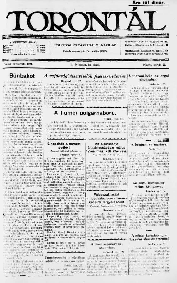 Torontál, 50. évf. 1921. április 29. 93. sz.