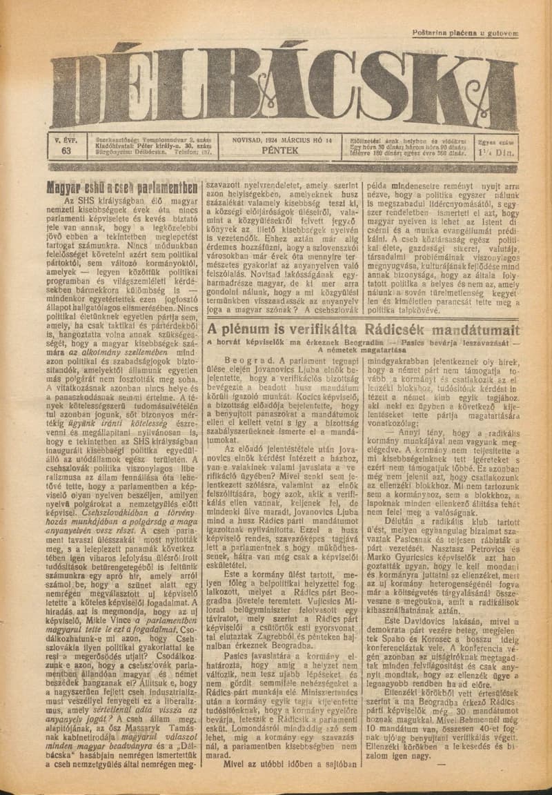 Délbácska, 5. évf. 1924. március 14. 63. sz.