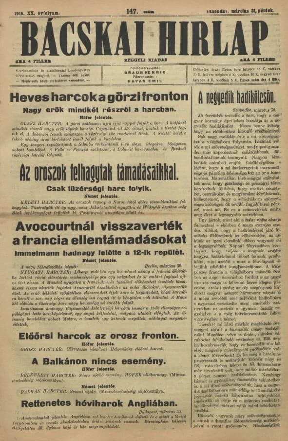 Bácskai Hirlap, 20. évf. 1916. március 31. 147. sz.