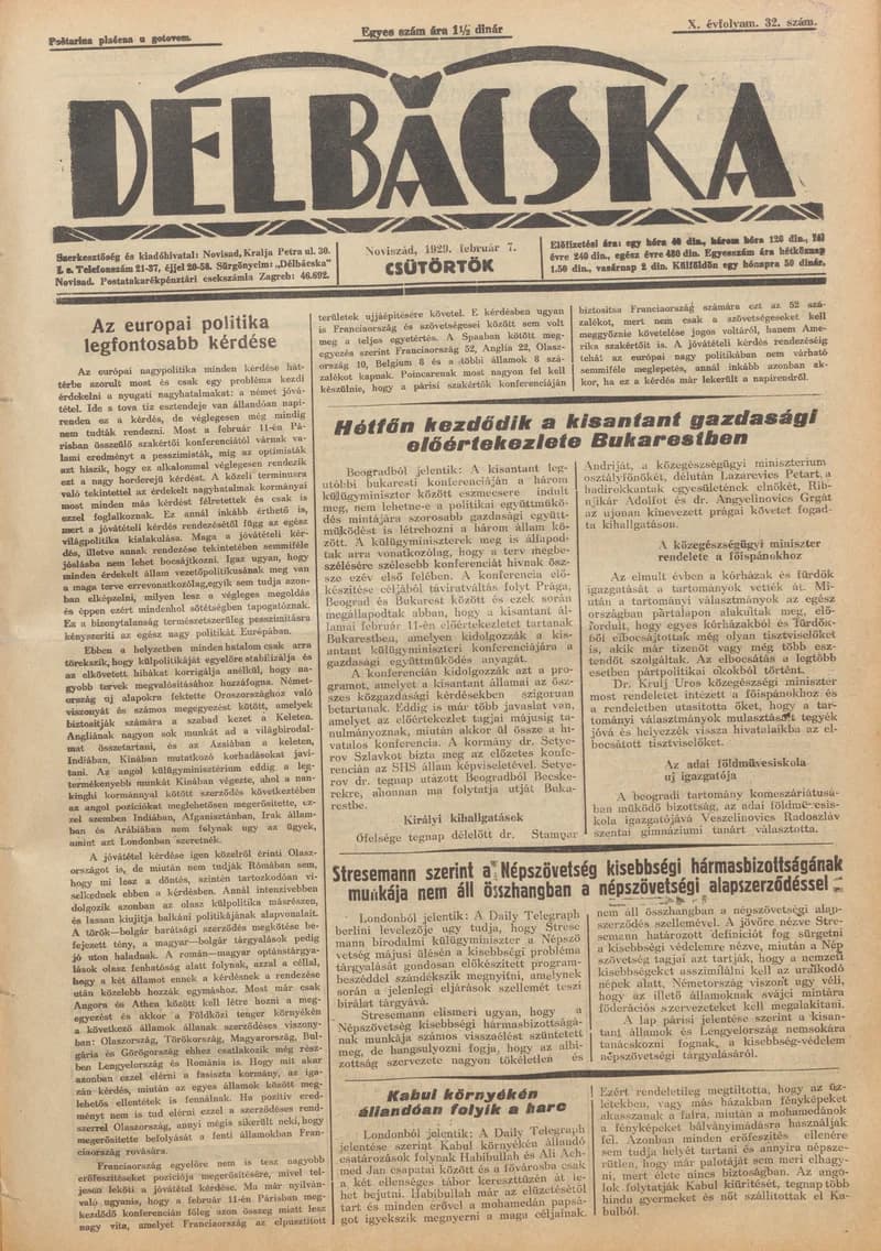 Délbácska, 10. évf. 1929. február 7. 32. sz.