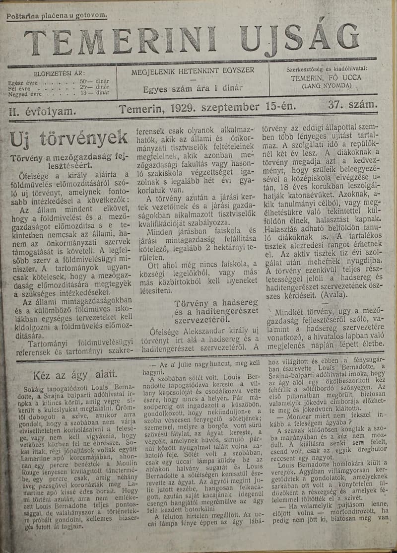 Temerini Újság 1928-1944, 2. évf. 1929. szeptember 15. 37. sz.