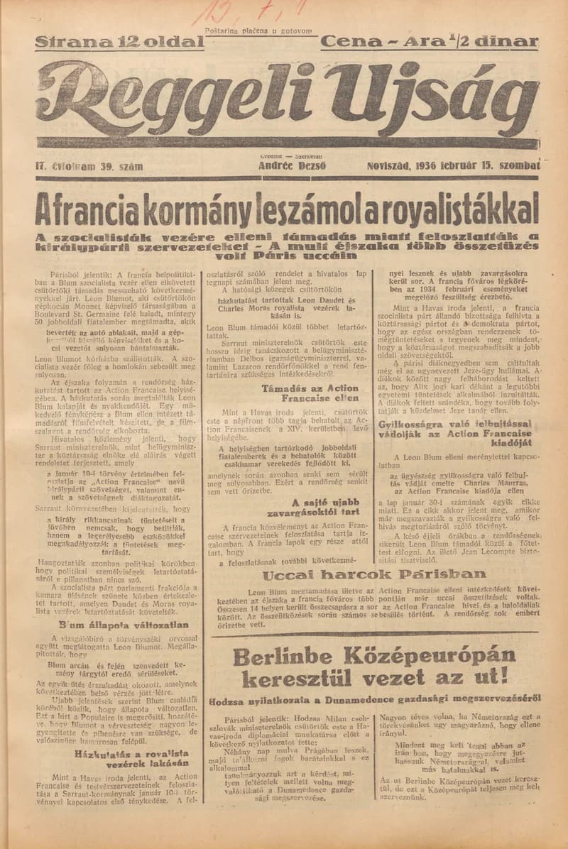 Reggeli Újság, 17. évf. 1936. február 15. 39. sz.