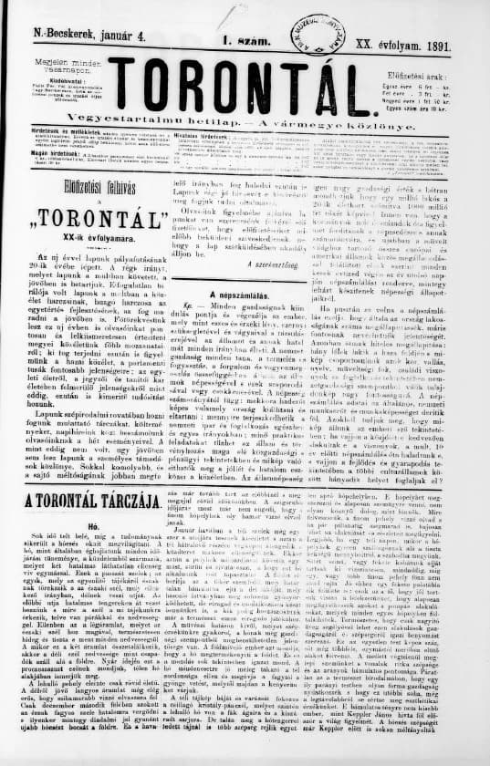 Torontál, 20. évf. 1891. január 4. 1. sz.