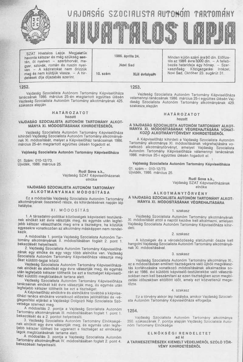 Vajdaság Szocialista Autonóm Tartomány Hivatalos Lapja, 42. évf. 1986. április 24. 10. sz.